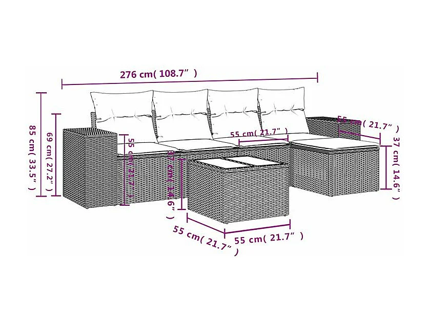Salon de jardin avec coussins 6 pcs marron résine tressée
