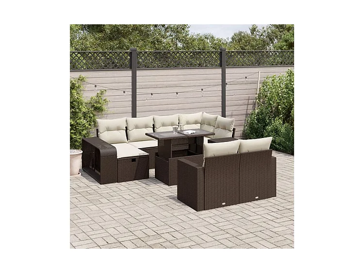 Salon de jardin et coussins 11 pcs marron résine tressée