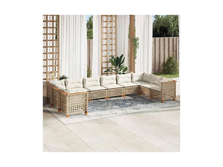Salon de jardin avec coussins 10 pcs beige résine tressée