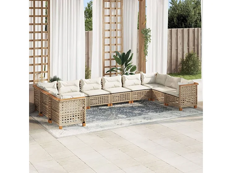 Salon de jardin avec coussins 10 pcs beige résine tressée