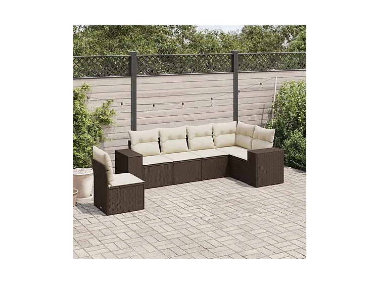 Salon de jardin avec coussins 6 pcs marron résine tressée
