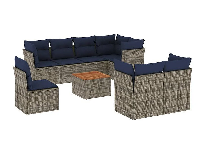 Salon de jardin 9 pcs avec coussins gris résine tressée