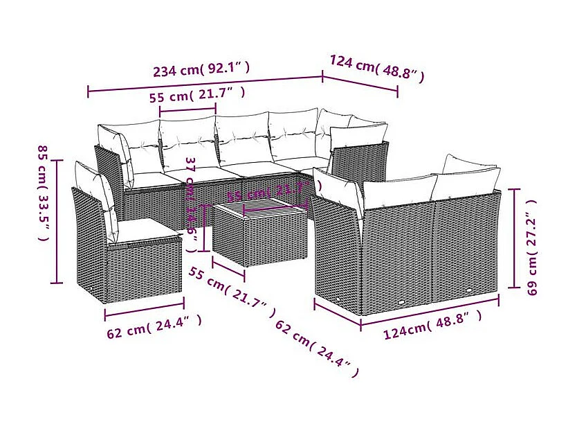 Salon de jardin 9 pcs avec coussins gris résine tressée