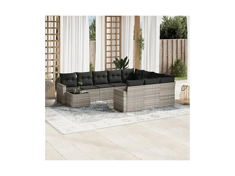 Salon de jardin 11 pcs avec coussins gris clair résine tressée