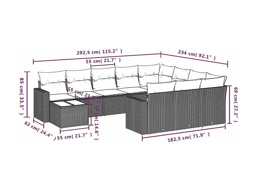 Salon de jardin 11 pcs avec coussins gris clair résine tressée