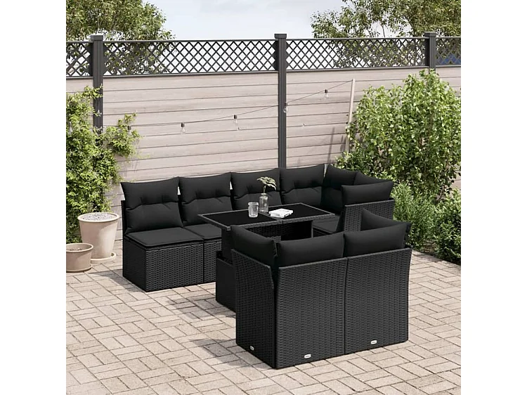 Salon de jardin 8 pcs avec coussins noir résine tressée