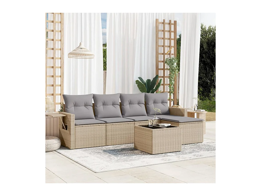 Salon de jardin avec coussins 6 pcs beige résine tressée