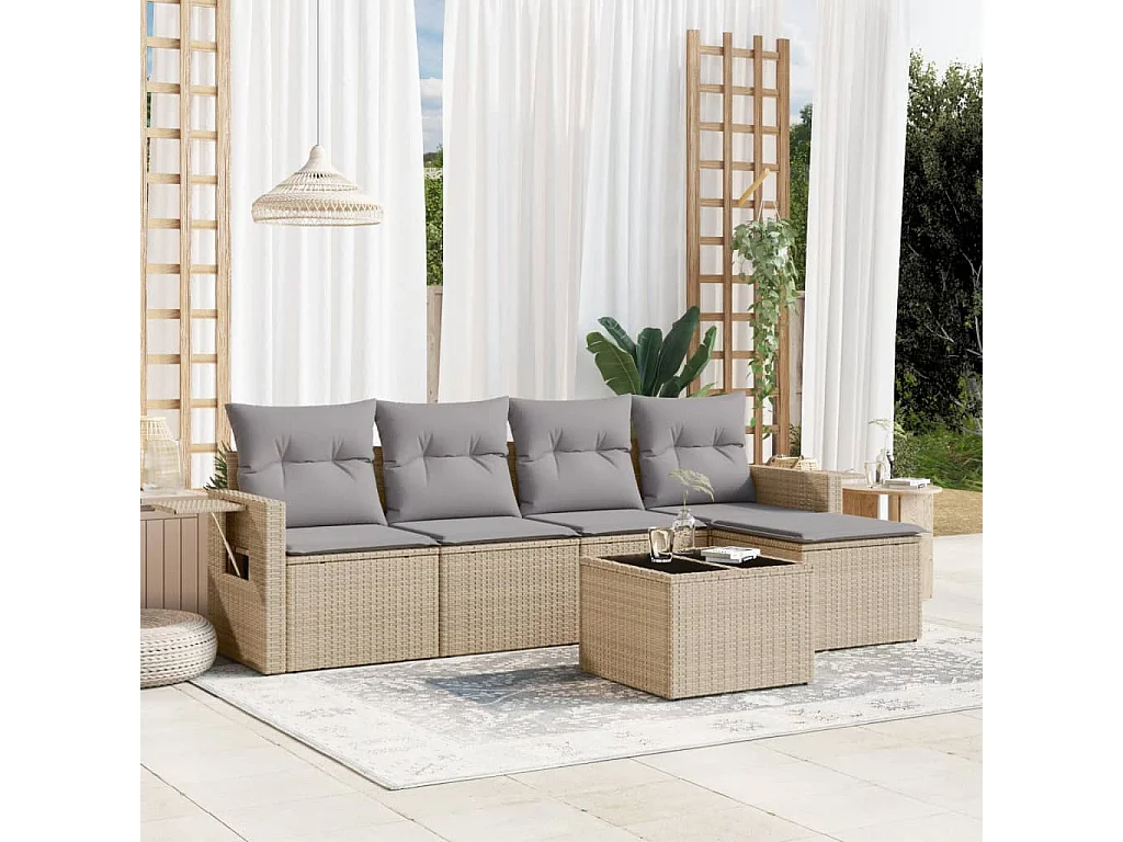 Salon de jardin avec coussins 6 pcs beige résine tressée