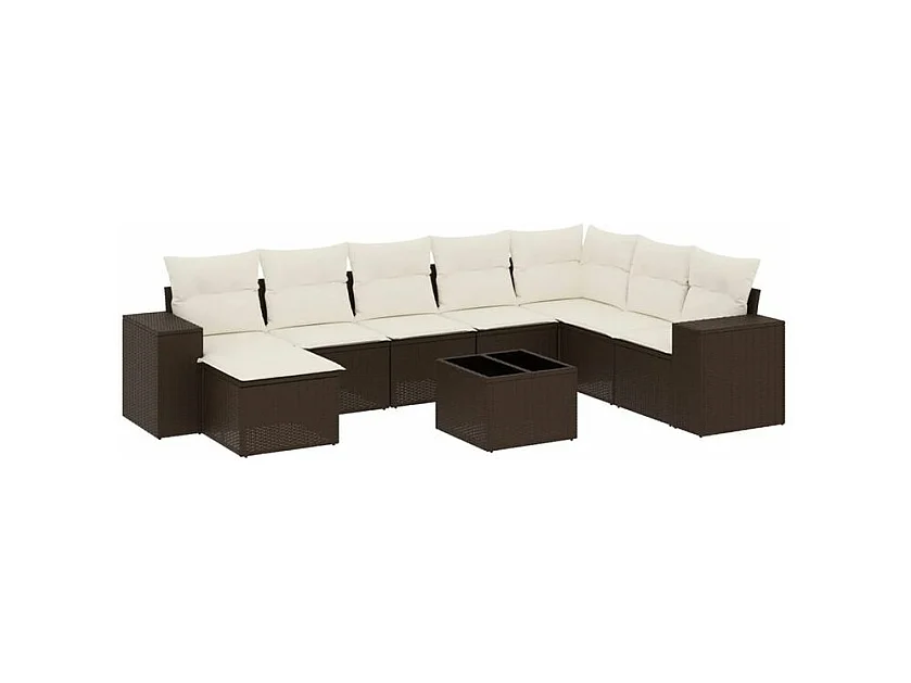 Salon de jardin avec coussins 9 pcs marron résine tressée