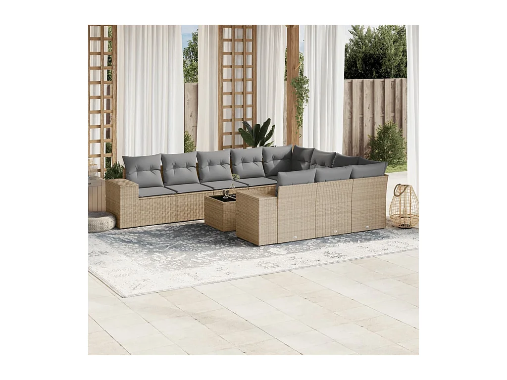 Salon de jardin 11 pcs avec coussins beige résine tressée