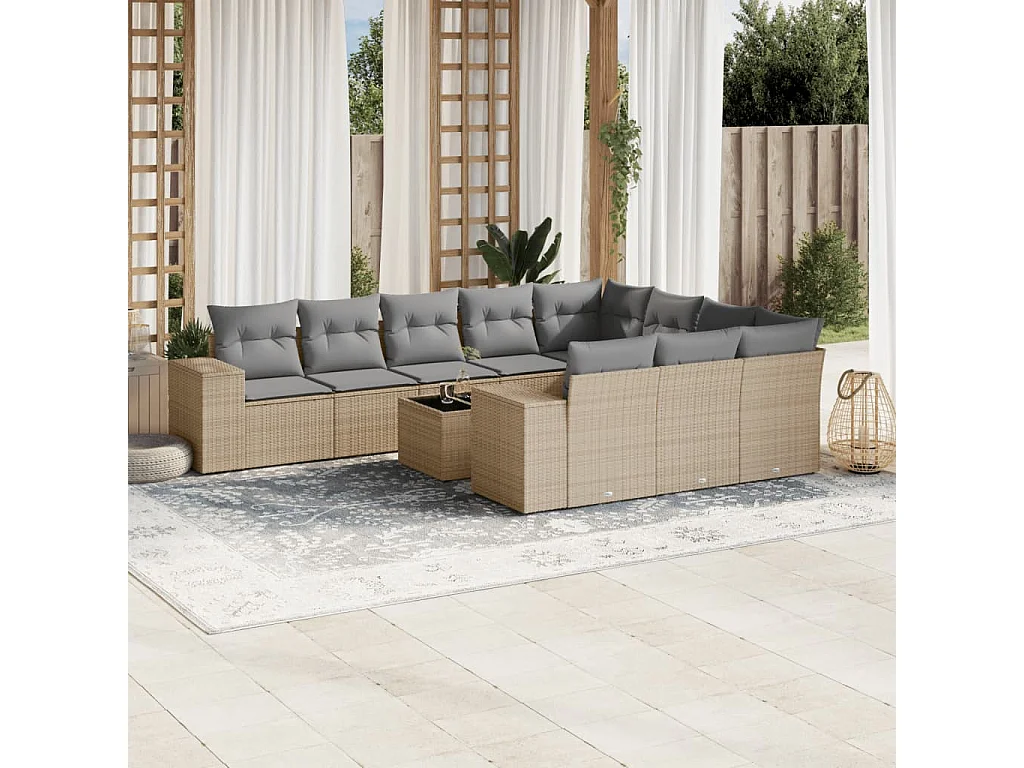 Salon de jardin 11 pcs avec coussins beige résine tressée