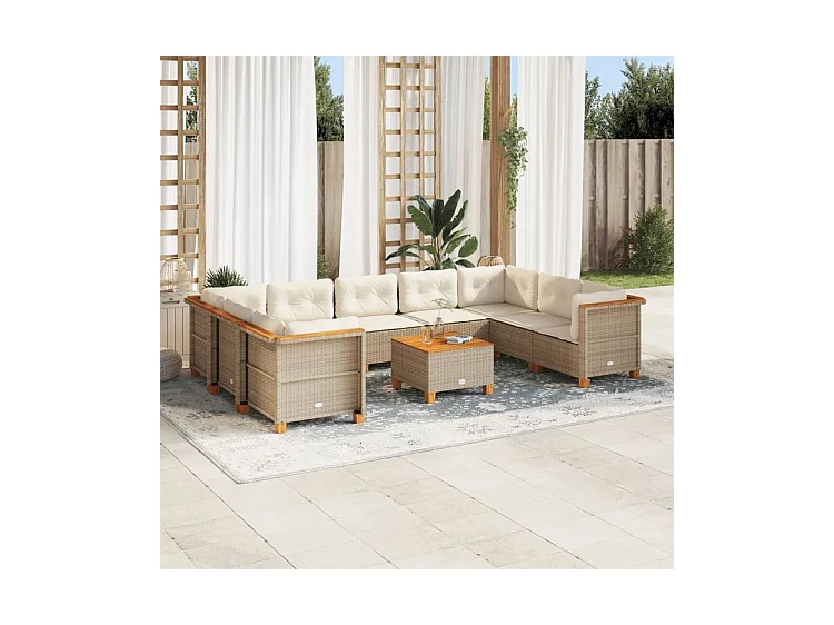 Salon de jardin avec coussins 10 pcs beige résine tressée