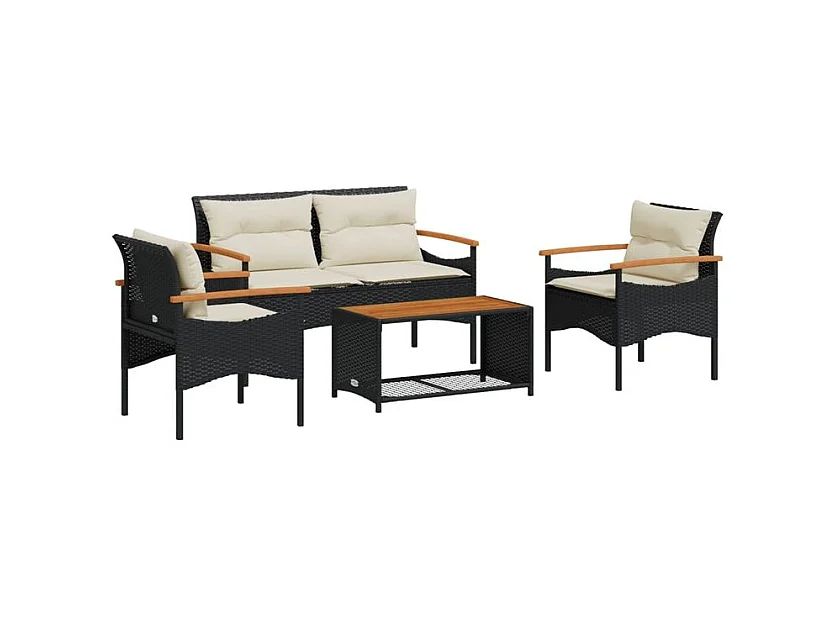 Salon de jardin 4 pcs avec coussins noir résine tressée
