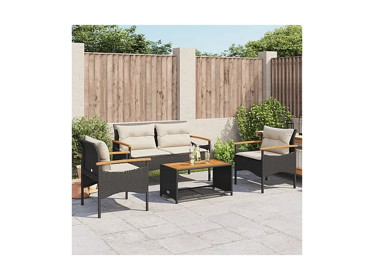 Salon de jardin 4 pcs avec coussins noir résine tressée