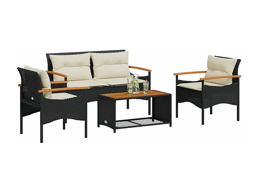 Salon de jardin 4 pcs avec coussins noir résine tressée