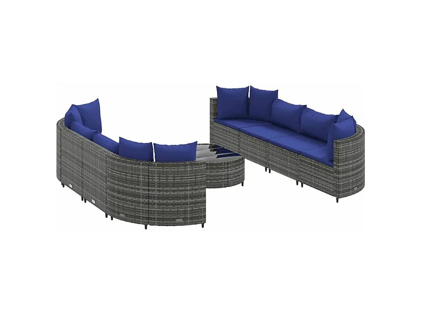 Salon de jardin 9 pcs avec coussins gris résine tressée