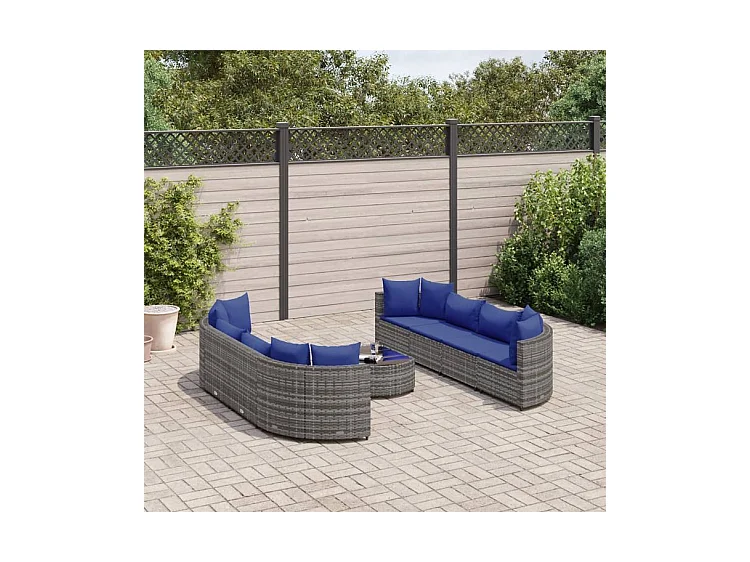 Salon de jardin 9 pcs avec coussins gris résine tressée