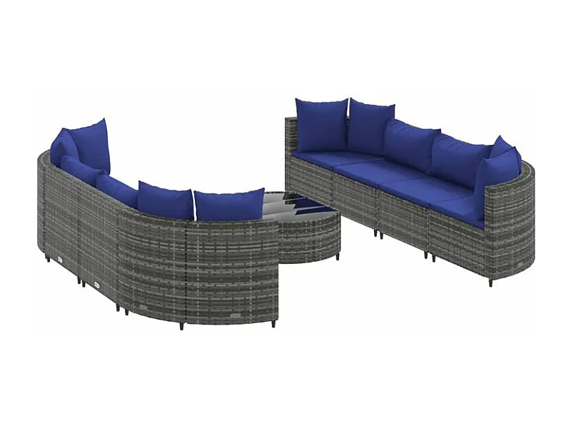 Salon de jardin 9 pcs avec coussins gris résine tressée