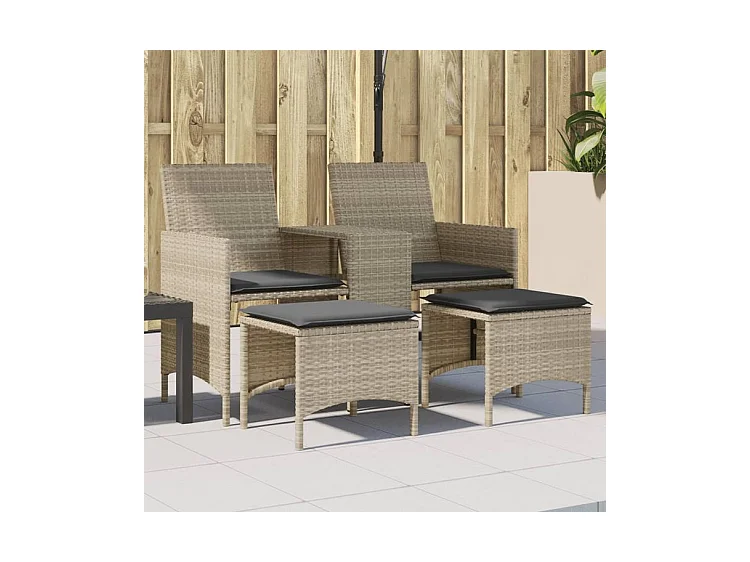 Canapé de jardin 2 places avec table tabourets gris clair rotin