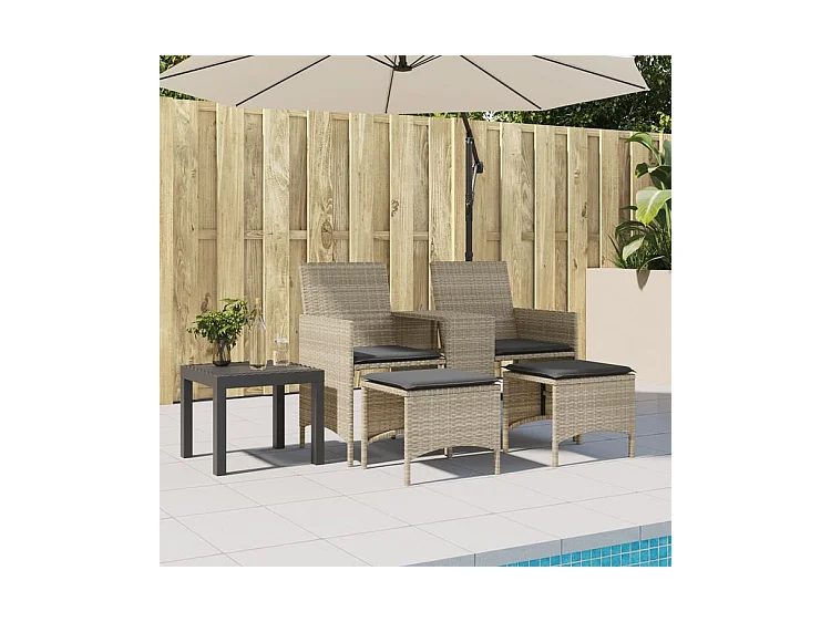 Canapé de jardin 2 places avec table tabourets gris clair rotin