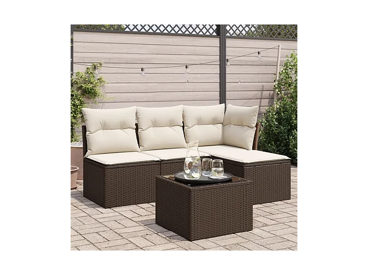 Salon de jardin avec coussins 5 pcs marron résine tressée