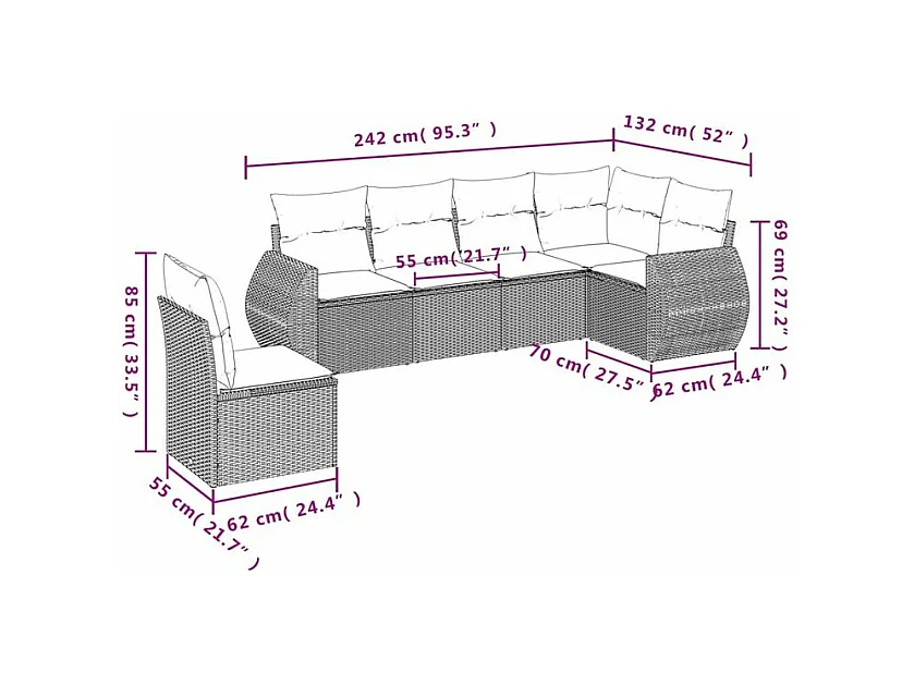 Salon de jardin avec coussins 6 pcs marron résine tressée