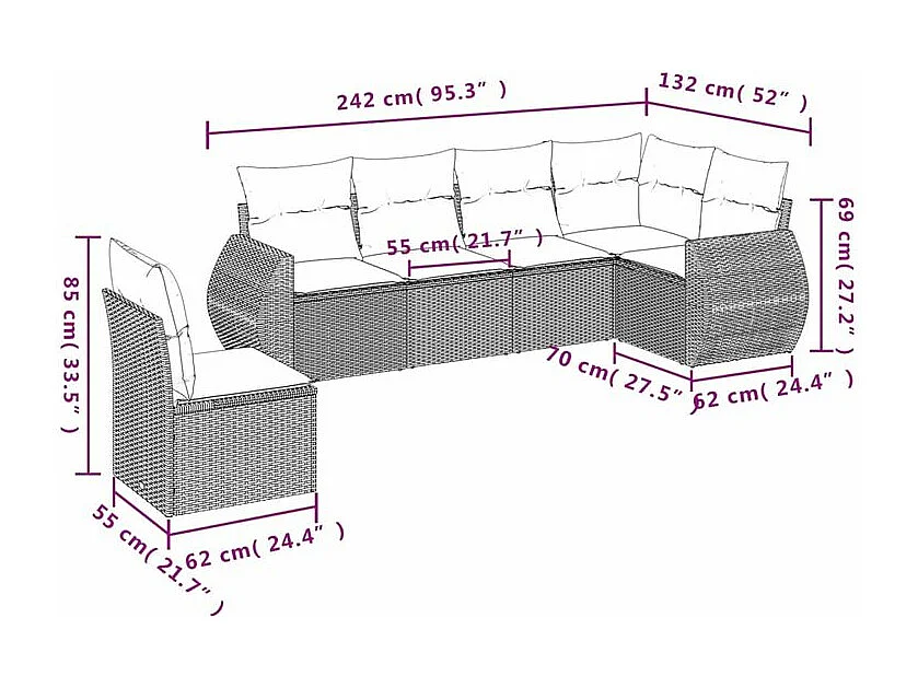 Salon de jardin avec coussins 6 pcs marron résine tressée