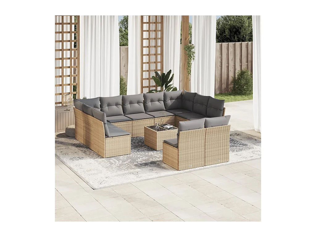 Salon de jardin avec coussins 12 pcs beige résine tressée