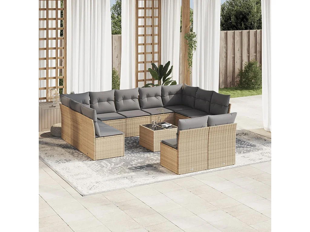 Salon de jardin avec coussins 12 pcs beige résine tressée