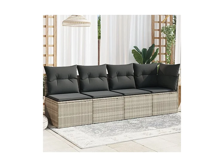 Canapé de jardin et coussins 4 places gris clair résine tressée