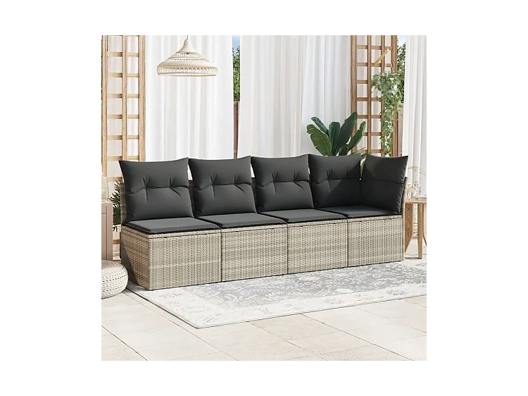 Canapé de jardin et coussins 4 places gris clair résine tressée