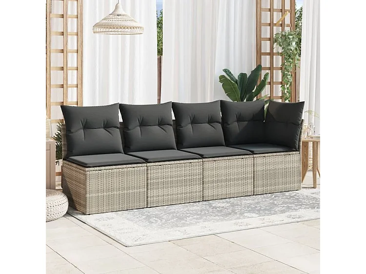 Canapé de jardin et coussins 4 places gris clair résine tressée