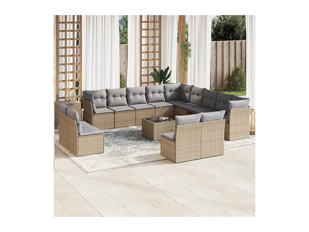 Salon de jardin avec coussins 14 pcs beige résine tressée