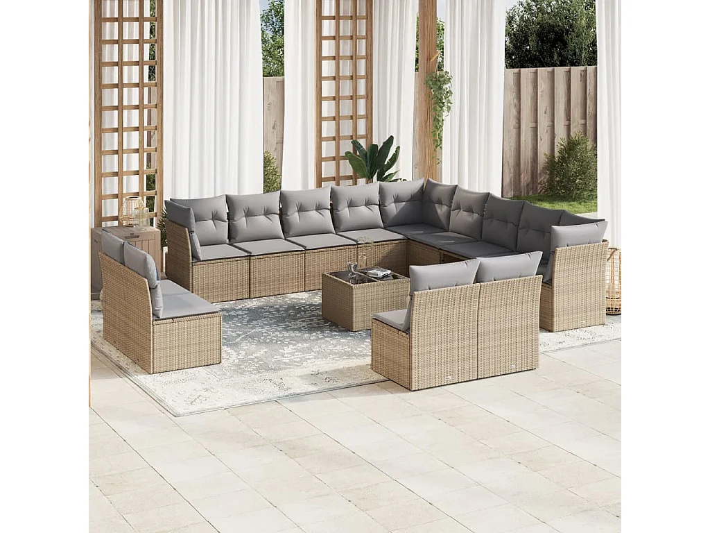 Salon de jardin avec coussins 14 pcs beige résine tressée