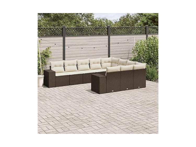 Salon de jardin 10 pcs avec coussins marron résine tressée