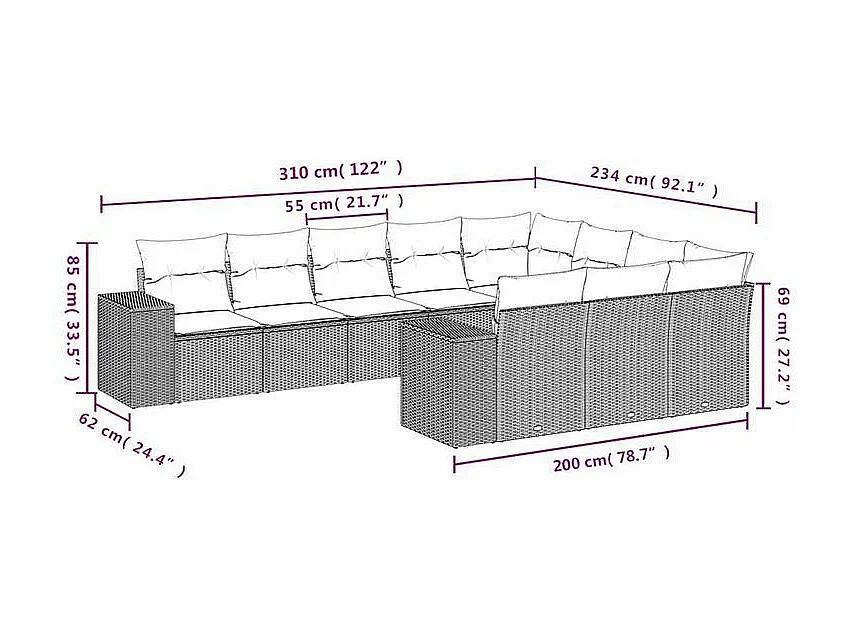 Salon de jardin 10 pcs avec coussins marron résine tressée