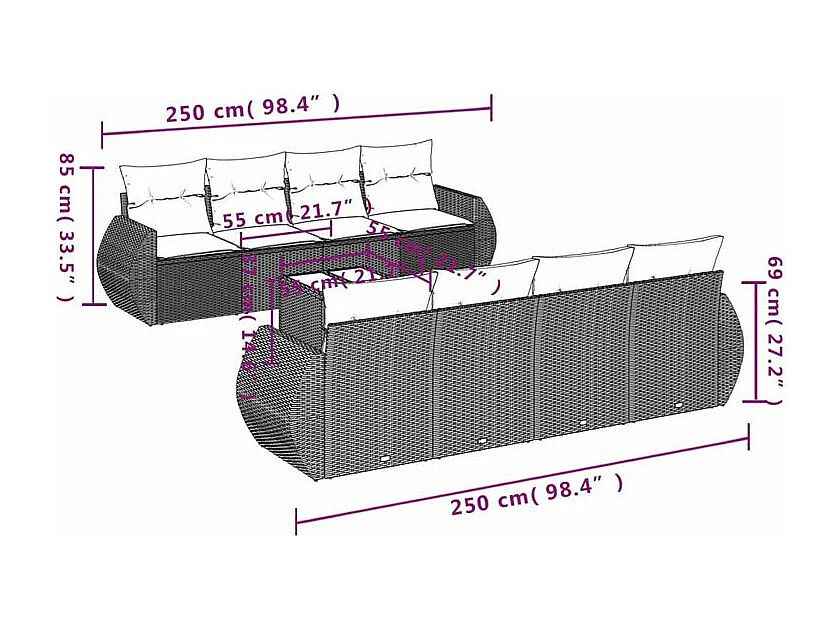 Salon de jardin avec coussins 9 pcs marron résine tressée