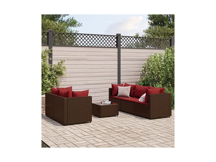 Salon de jardin 6 pcs avec coussins Marron Résine tressée