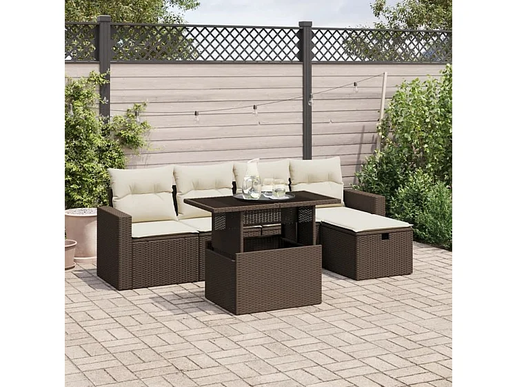 Salon de jardin avec coussins 6 pcs marron résine tressée