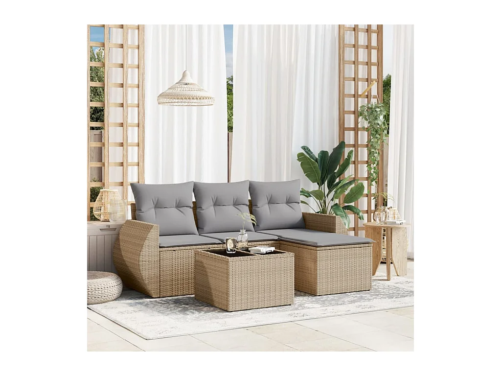 Salon de jardin avec coussins 5 pcs beige résine tressée