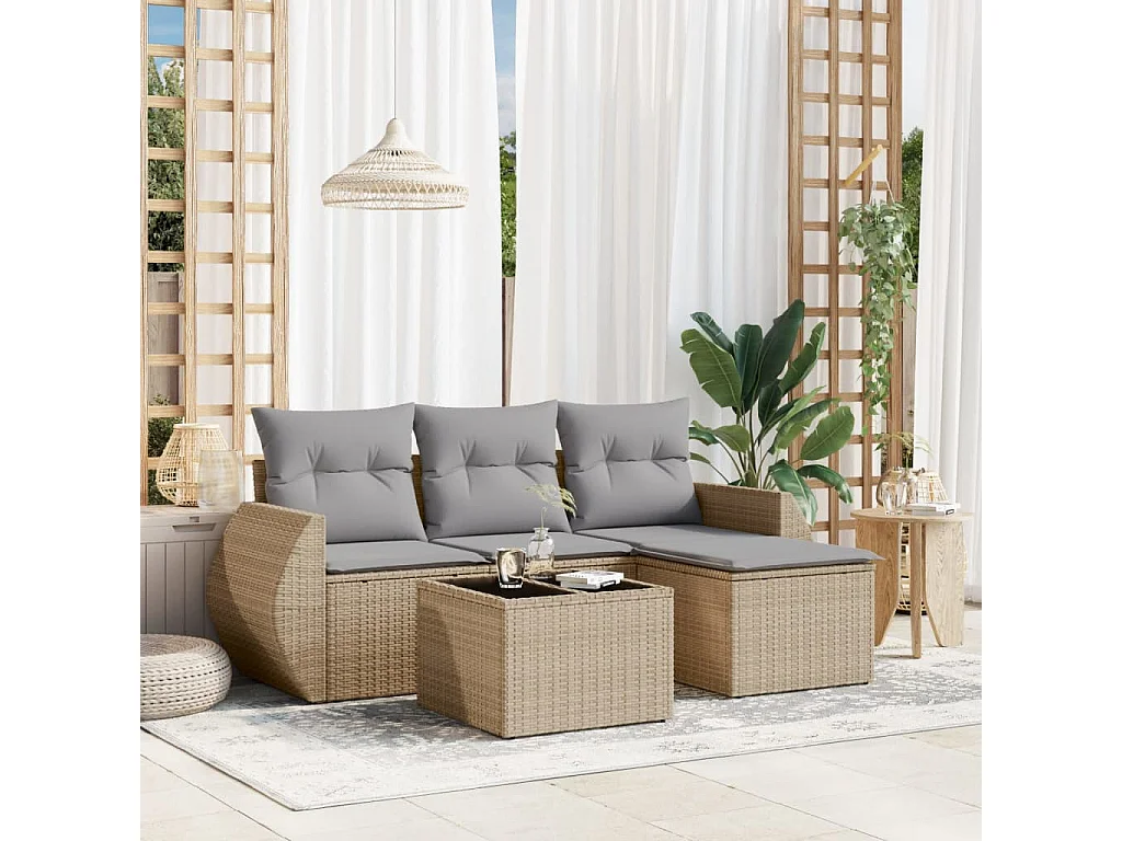 Salon de jardin avec coussins 5 pcs beige résine tressée