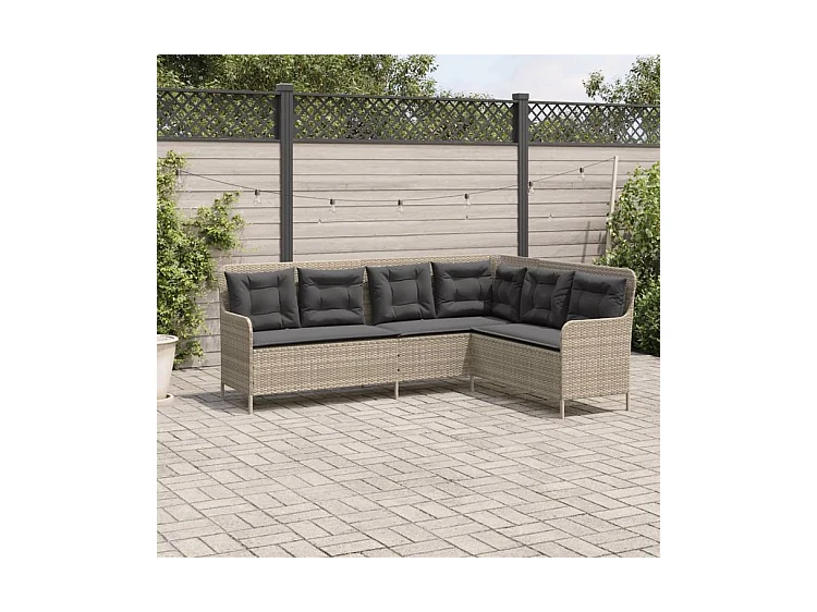 Canapé de jardin avec coussins forme de L gris clair poly rotin