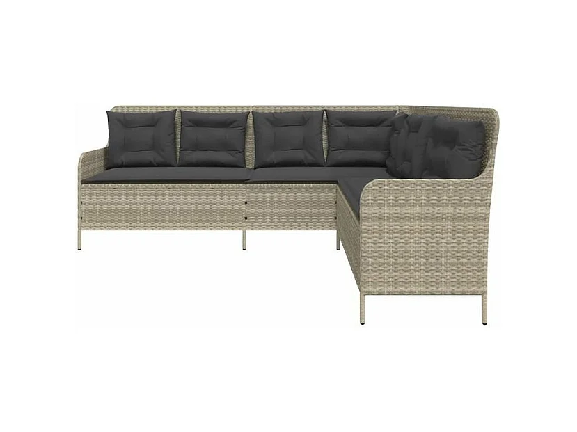 Canapé de jardin avec coussins forme de L gris clair poly rotin