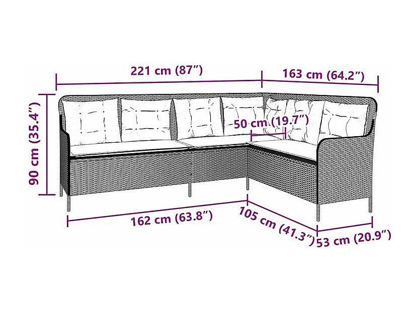Canapé de jardin avec coussins forme de L gris clair poly rotin