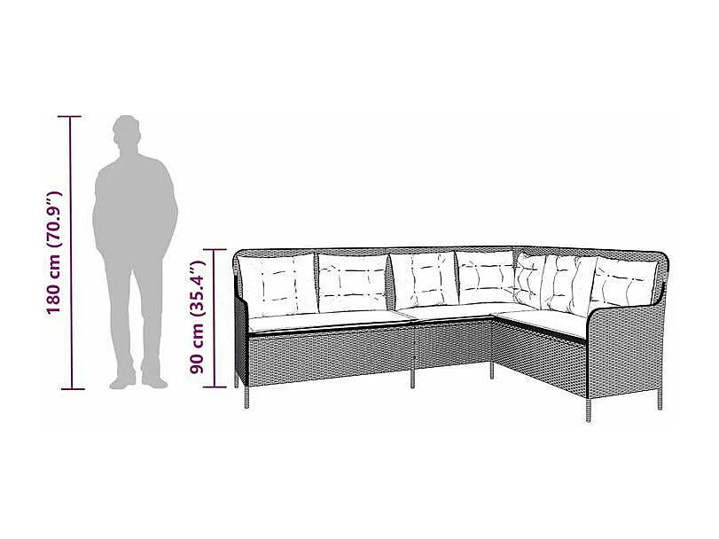 Canapé de jardin avec coussins forme de L gris clair poly rotin