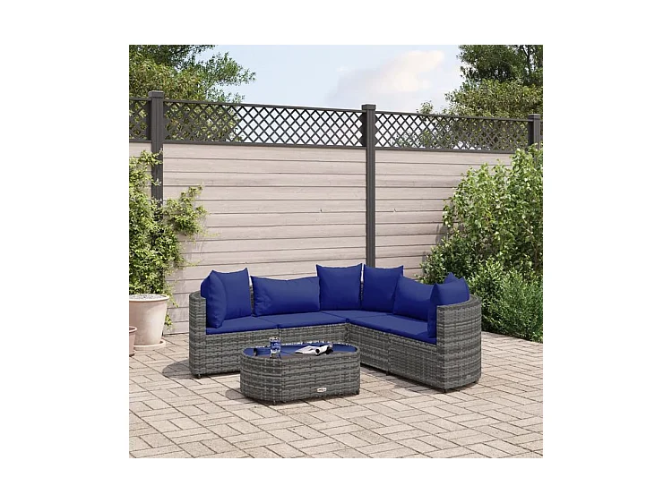 Salon de jardin 6 pcs avec coussins gris résine tressée