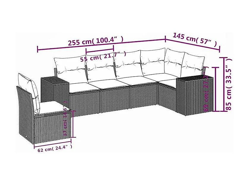 Salon de jardin avec coussins 6 pcs marron résine tressée