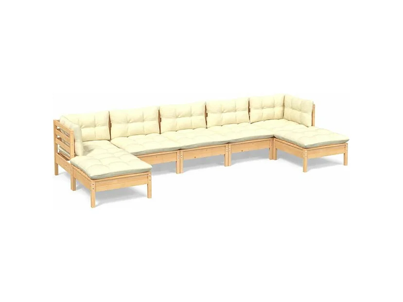 Salon de jardin 7 pcs avec coussins crème Bois de pin