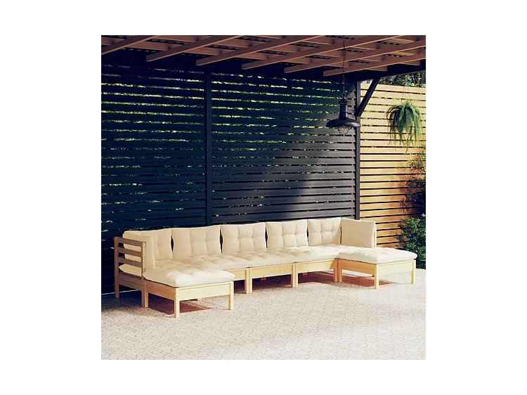 Salon de jardin 7 pcs avec coussins crème Bois de pin