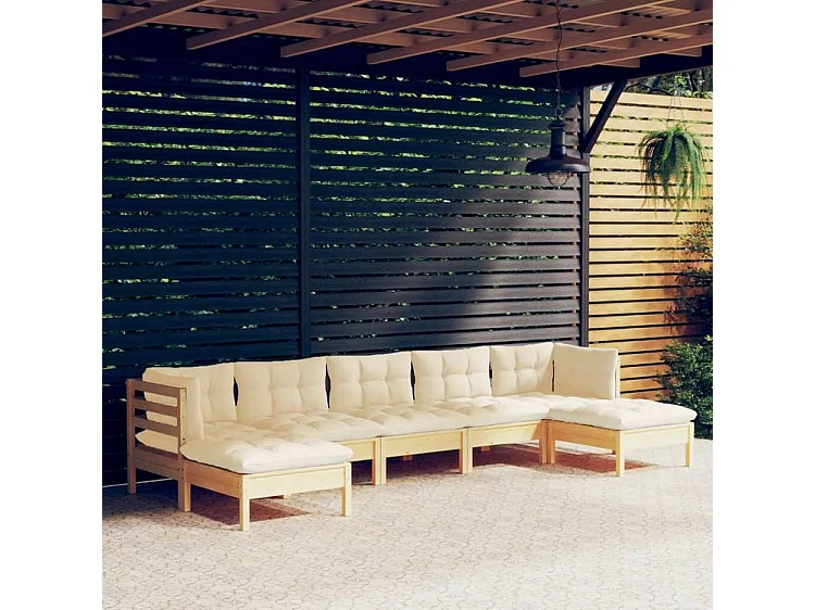 Salon de jardin 7 pcs avec coussins crème Bois de pin